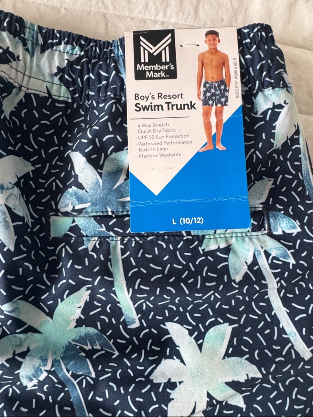 Member's Mark Boys' Navy Swim Trunks with Light Teal Palm Print